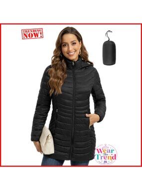 Women's Packable Puffer Jacket Hooded Quilted Long Travel Coat Pockets